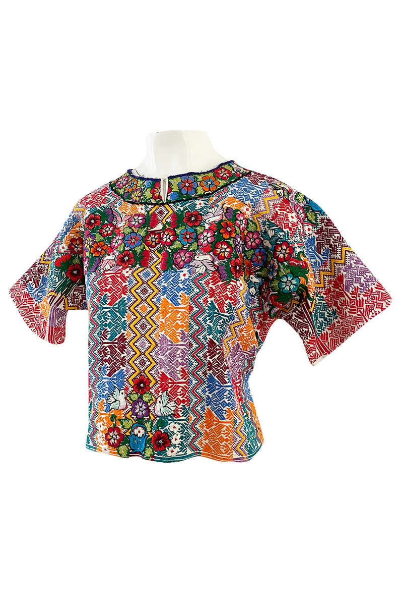Vintage Mexican Artisan Bright Coloured Pattern Hand Embroidered Flowers & Birds Top