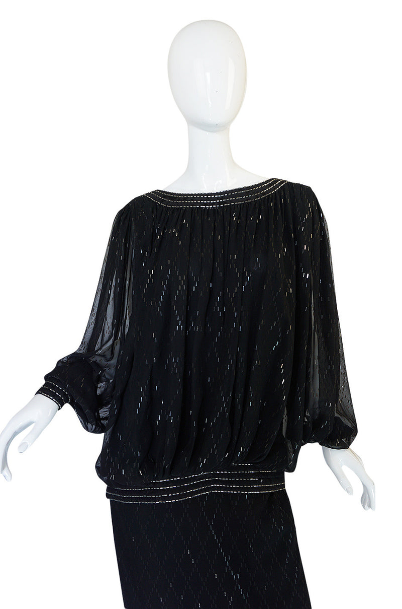 1980s Wayne Clark Backless Silver Glitter Trained Chiffon Dress