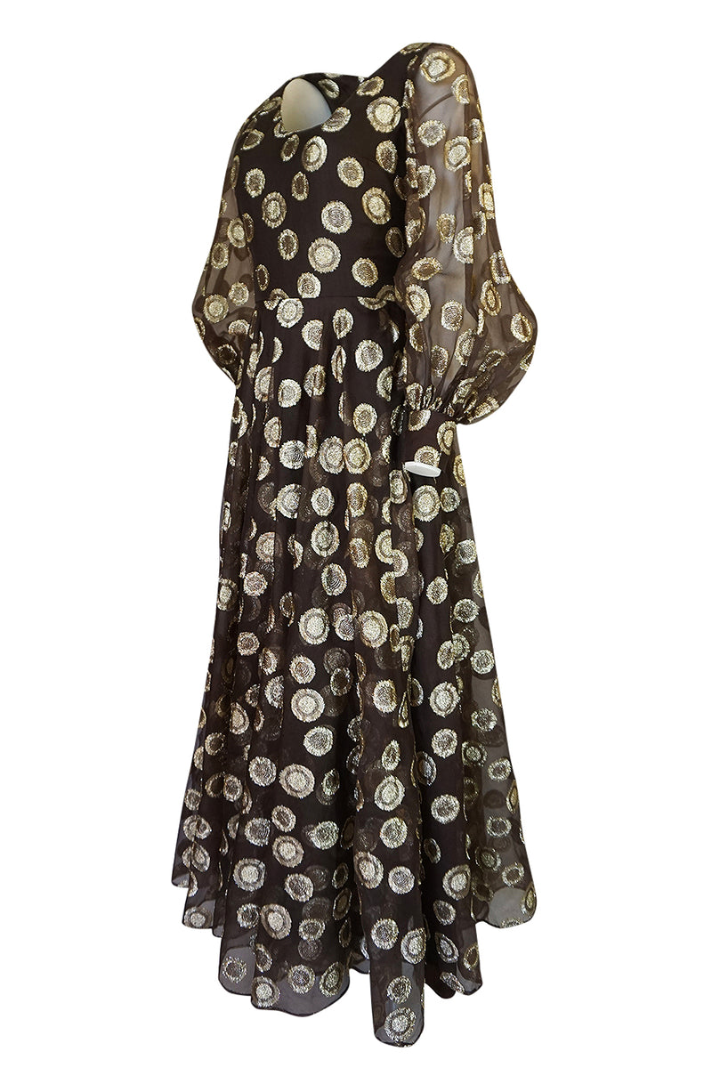 1960s Mr Blackwell Gold Metallic Lurex Dot Organza Dress