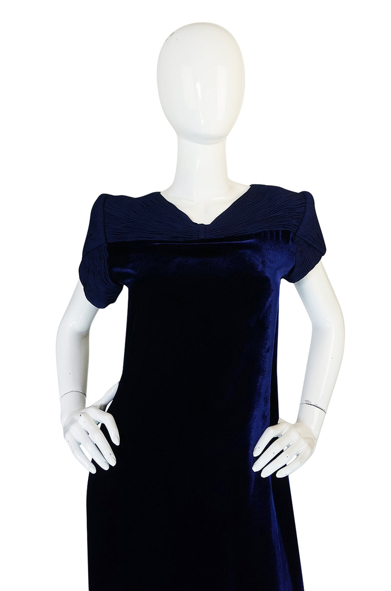 1980s Valentino Haute Couture Blue Silk Velvet Shift Dress