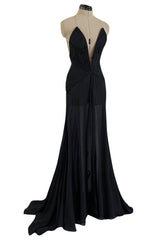 Incredible 2006-2007 Roberto Cavalli Black Silk Extreme Plunge Dress w Trained Silk Chiffon Skirts
