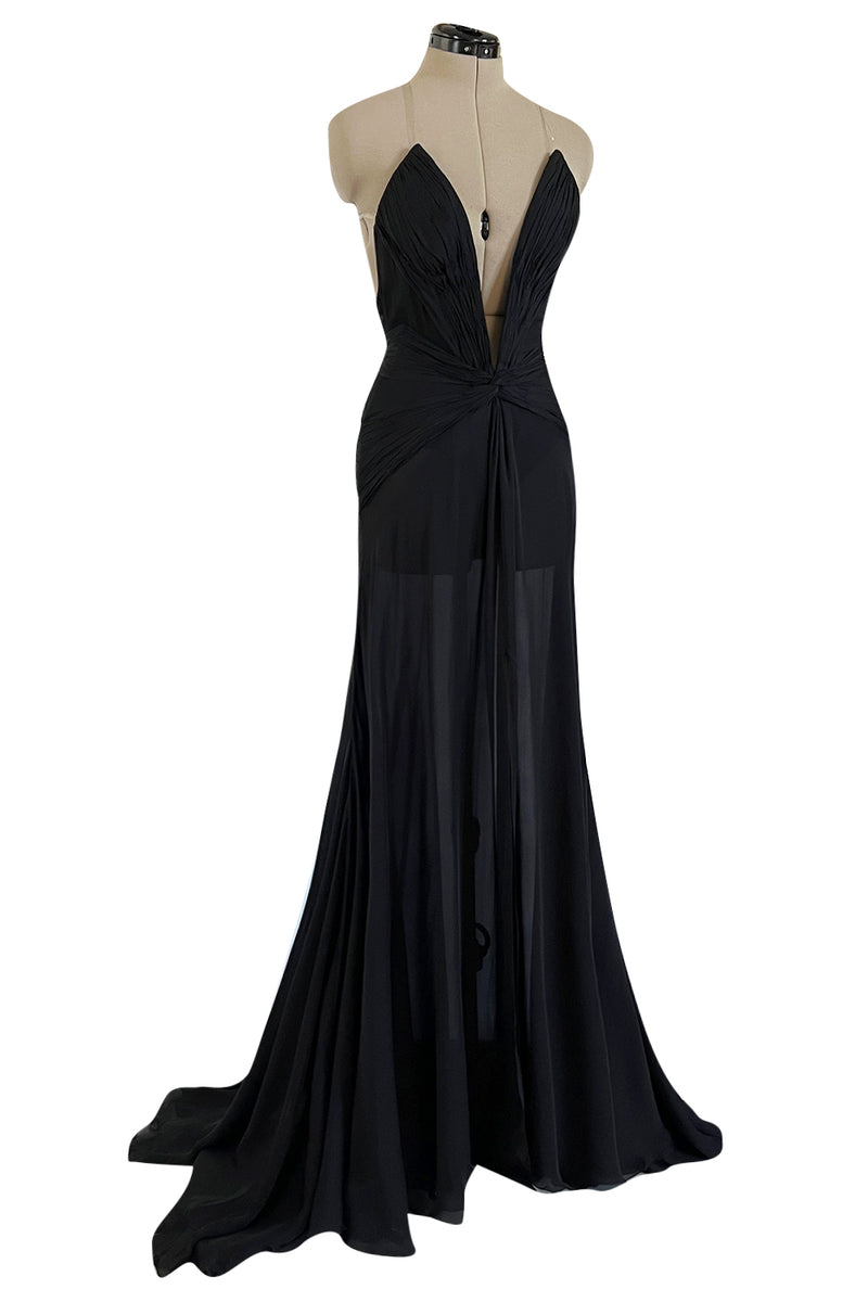 Incredible 2006-2007 Roberto Cavalli Black Silk Extreme Plunge Dress w Trained Silk Chiffon Skirts
