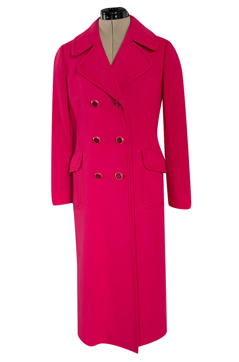 Gorgeous 1970s Unlabeled Top Stitched Knit Jersey Coat in a Bright Joyful Raspberry Coral Colour