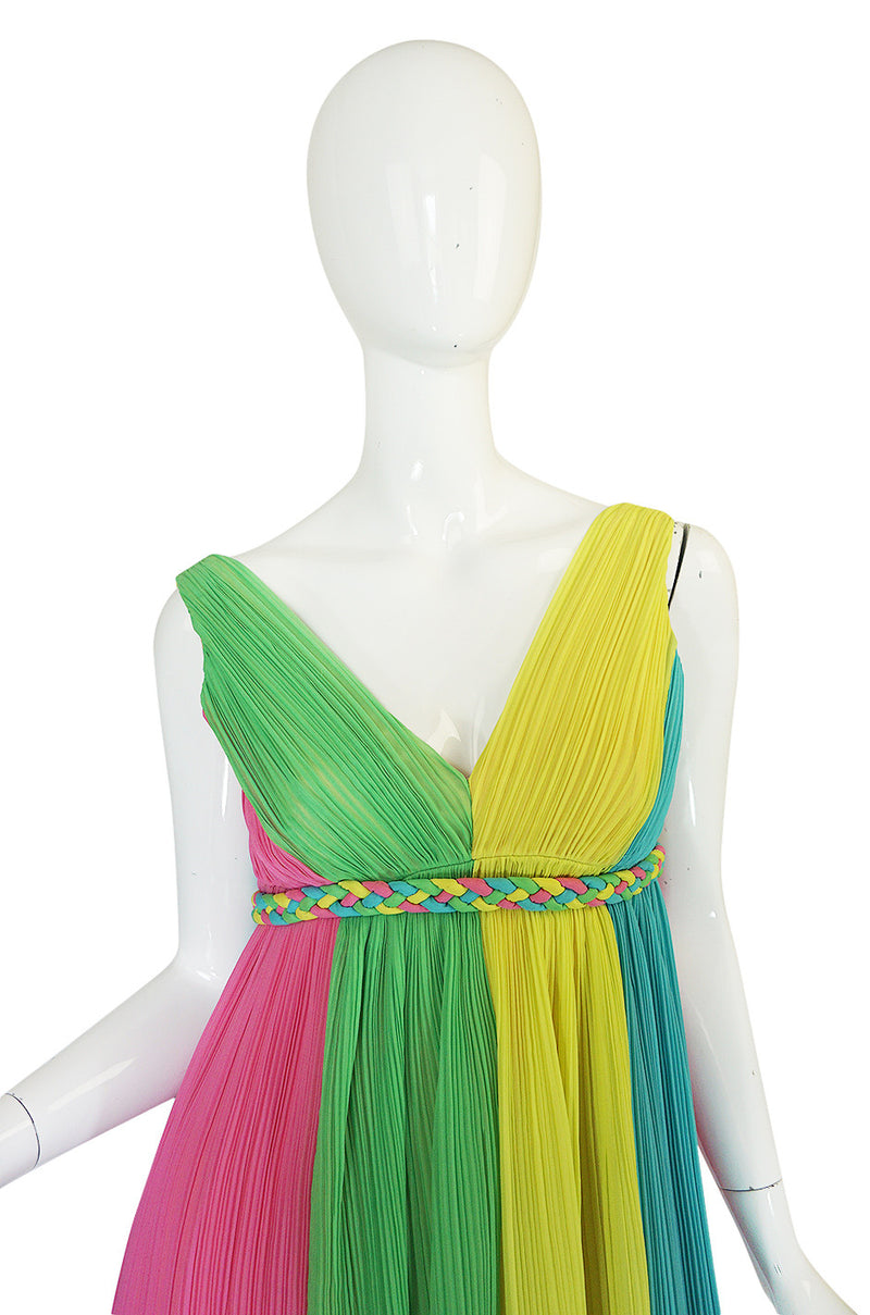 1960s Saks Sarafina Multi Color Pleated Chiffon Dress