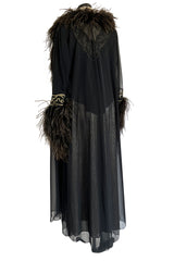 Dramatic 1980s Bob Mackie Chiffon & Gold Dress & Robe Set w Feather Trim