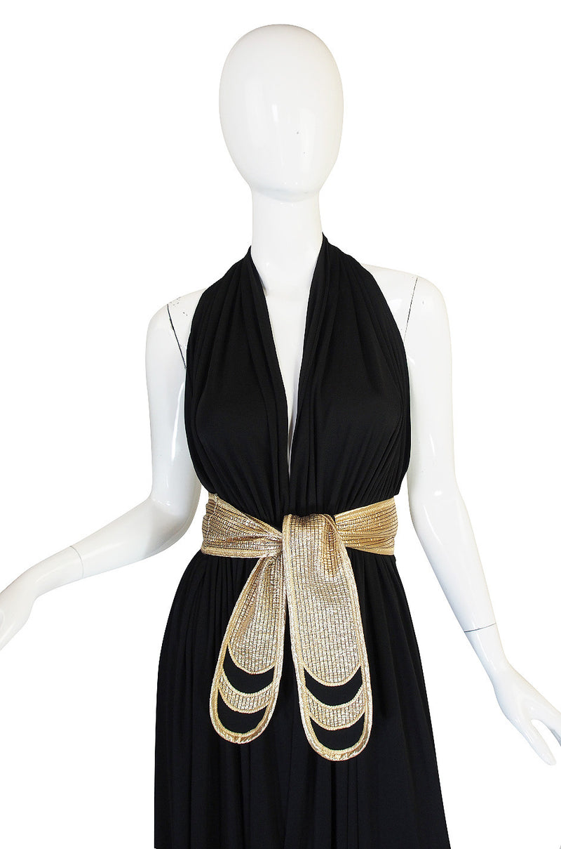 1980 Bill Tice Plunge Black & Gold Backless Dress