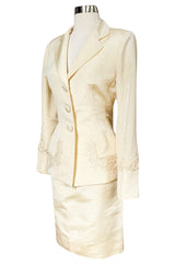 1980s Bill Blass Ivory Moire Silk Suit w Extensive Raffia & Embroidered Detailing