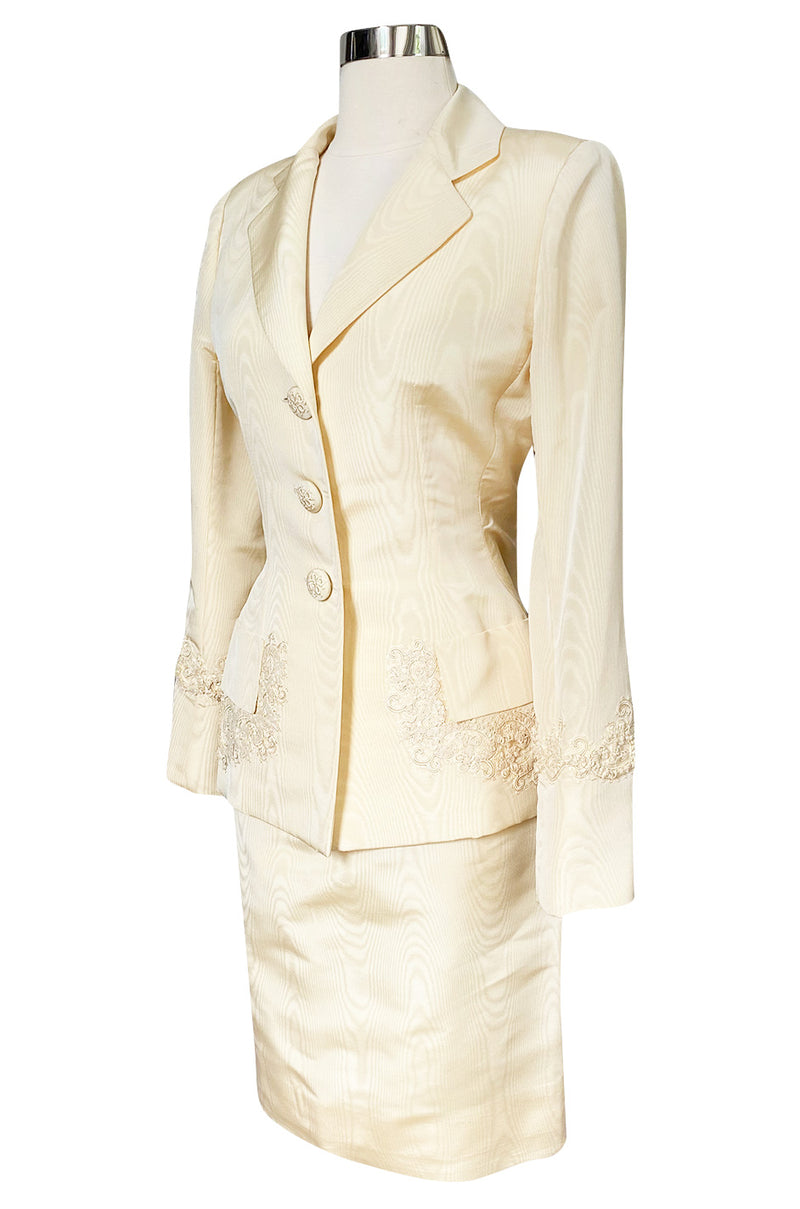 1980s Bill Blass Ivory Moire Silk Suit w Extensive Raffia & Embroidered Detailing