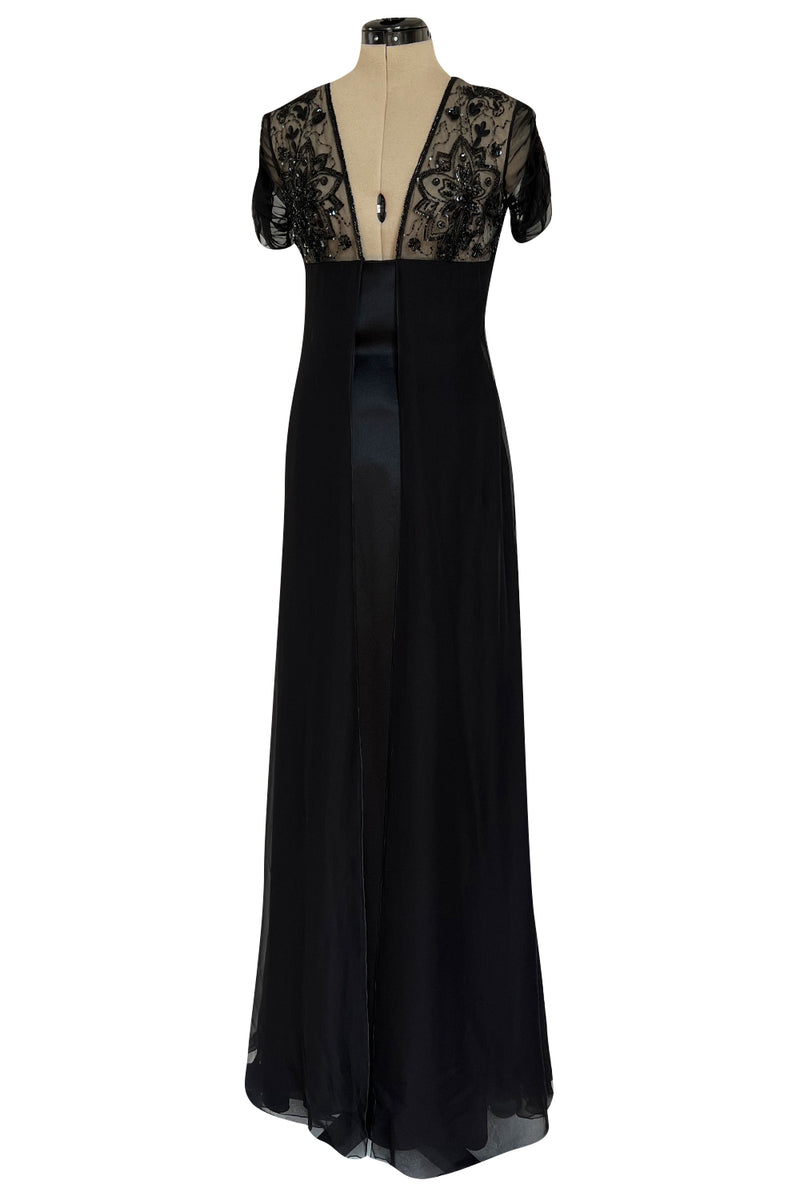 Stunning 1990s Valentino Black Silk Chiffon Dress w Sheer Beaded Net Bodice