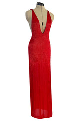 Showstopping 1975 John Anthony Couture Deep Plunging Red Dress Entirely Covered in Glass Beads