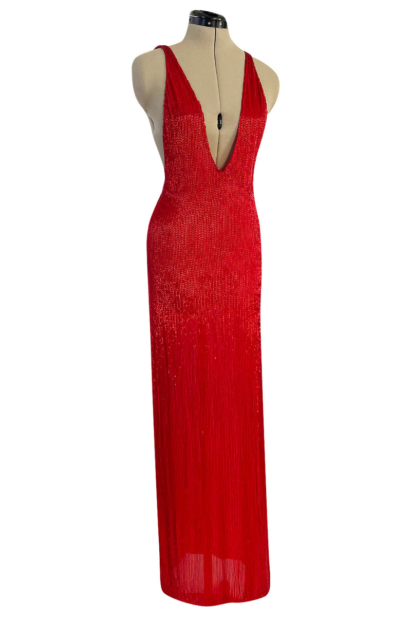 Showstopping 1975 John Anthony Couture Deep Plunging Red Dress Entirely Covered in Glass Beads
