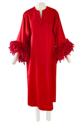 1960s Odette Barsa Loose & Easy Fitting Red Caftan w Wide Red Feather Cuffs