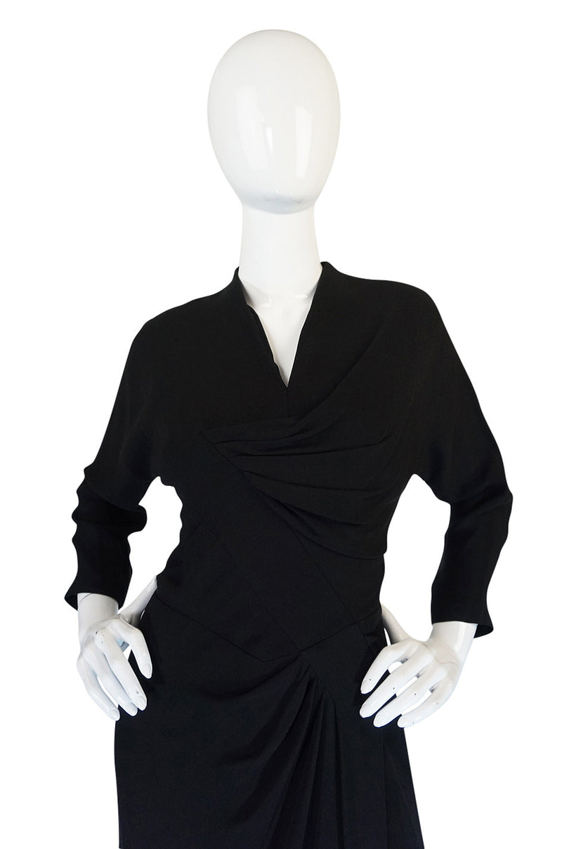 1950s Dorothy O'Hara Draped Front Black Crepe Dress