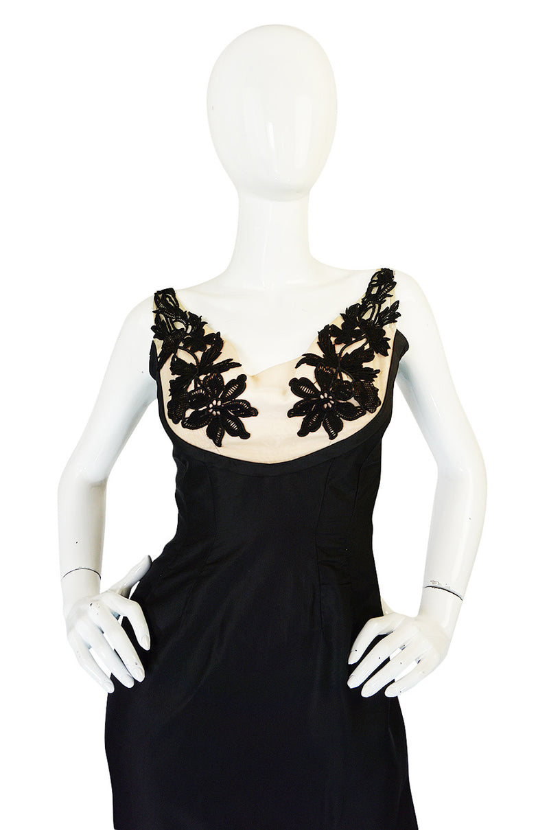 1950s Floral & Nude Applique Bust Black Silk Bombshell Dress