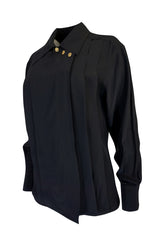 1980s Chanel Black Silk Top w 4 Leaf Clover Gold Buttons