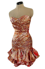 Fall 1988 Emanuel Ungaro Strapless Metallic Gold & Coral Dress w Flirty Ruffled Skirt