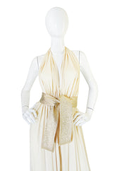 1980 Bill Tice Plunge Cream & Gold Backless Dress