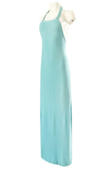 Important 1974 Halston Turquoise Cashmere Extremely Low Back Halter Dress