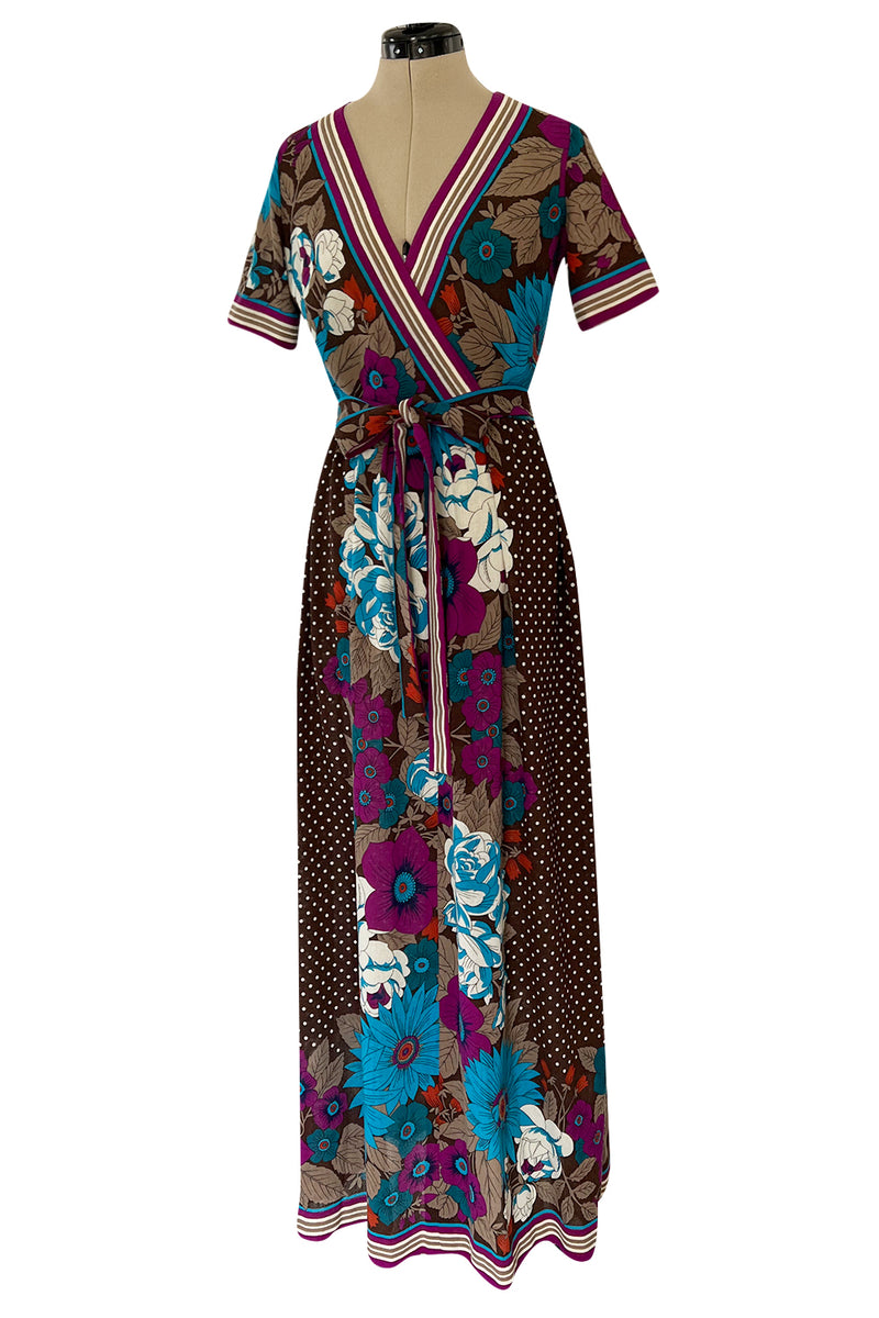 1972 - 1975 Lanvin by Jules-Francois Crahay Purple Brown & Blue Printed Floral Dress