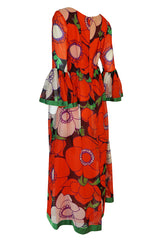 1970s Mollie Parnis Huge Floral Print Silk Organza Dress