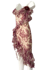 2000s John Galliano Purple Floral Print Silk Bias Cut Ruffle Dress