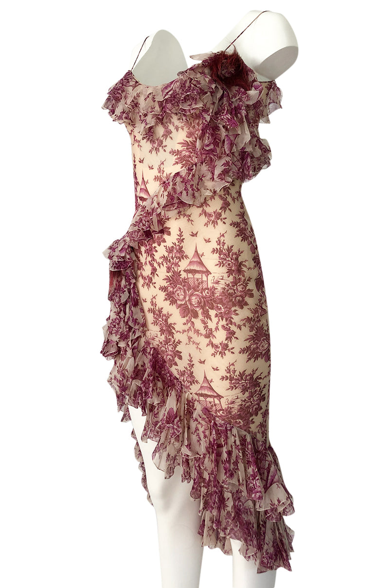 2000s John Galliano Purple Floral Print Silk Bias Cut Ruffle Dress