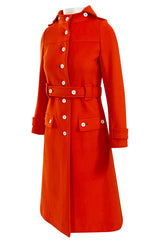 1971 Courreges Numbered Hyperbole Bright Orange Wool Coat w Quilted Interior