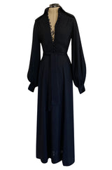 c.1969 Ossie Clark Black Moss Crepe Dress w Bishop Sleeves, Button Front & Dog Ear Collar