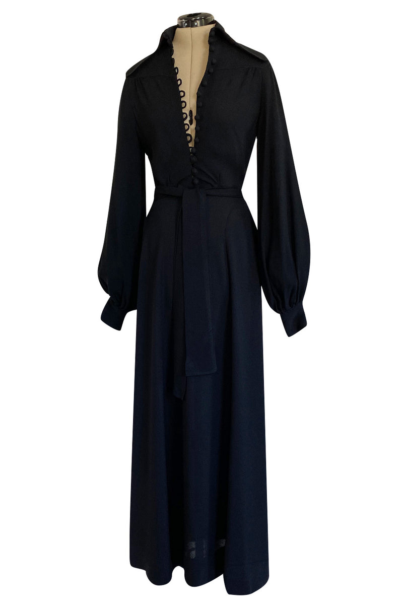 c.1969 Ossie Clark Black Moss Crepe Dress w Bishop Sleeves, Button Front & Dog Ear Collar