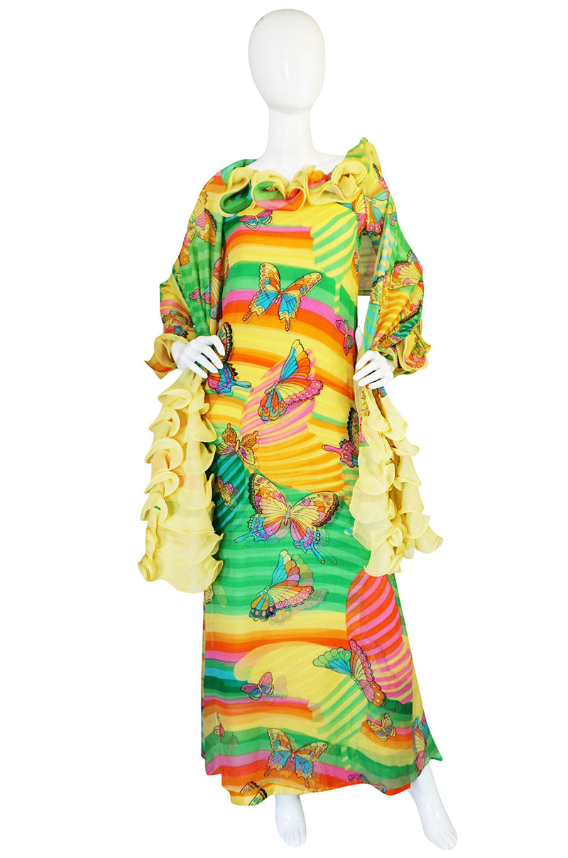 c1965-67 Hanae Mori Butterfly Print Ruffled Silk Dress & Shawl