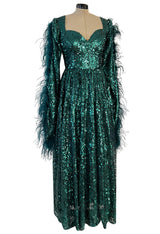 1970s Unlabeled Green Sequin Dress w Dramatic Feather Trimmed Open Extra Long Sleeve