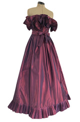 1970s Victor Costa Iridescent Deep Burgundy Purple Silk Taffeta Dress with Strapless Ruffled Neckline