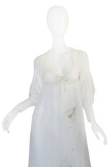 1970s Thea Porter White Embroidered Muslin Butterfly Applique Dress
