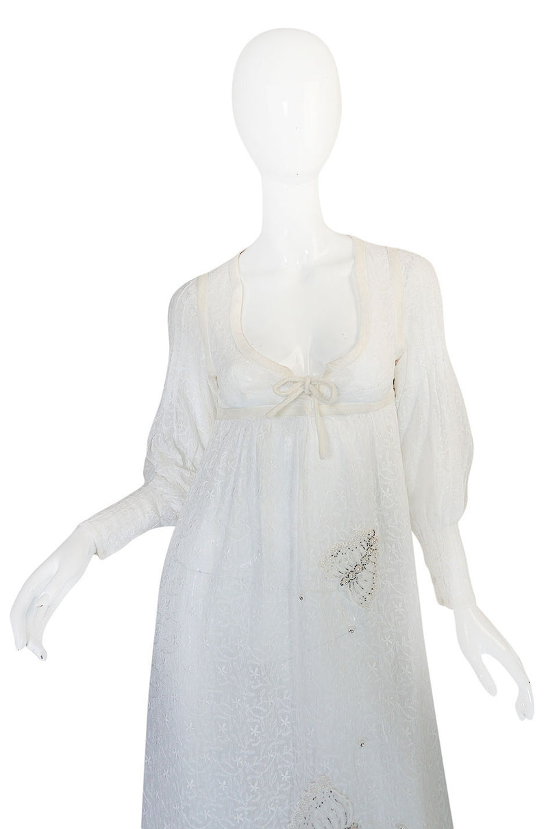 1970s Thea Porter White Embroidered Muslin Butterfly Applique Dress