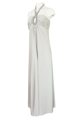 1970s Victoria Royal Pale Grey Jersey Dress w Jeweled Ring Collar