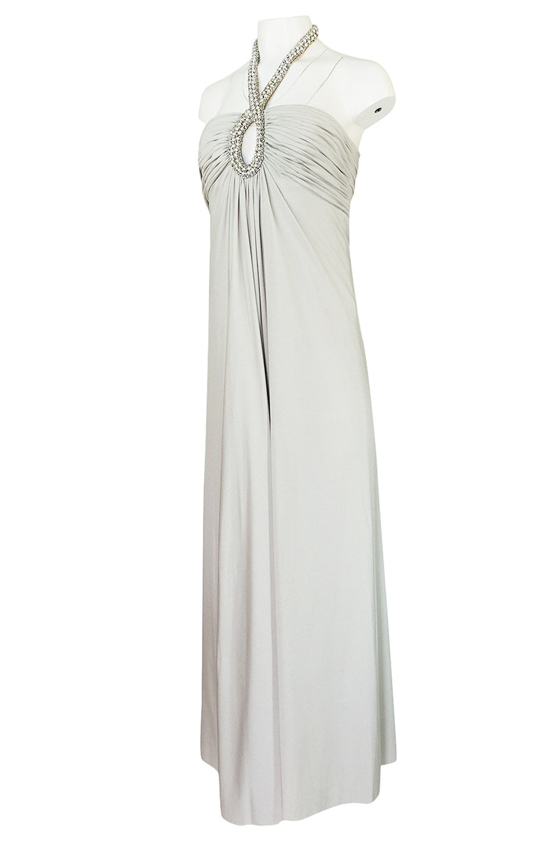 1970s Victoria Royal Pale Grey Jersey Dress w Jeweled Ring Collar