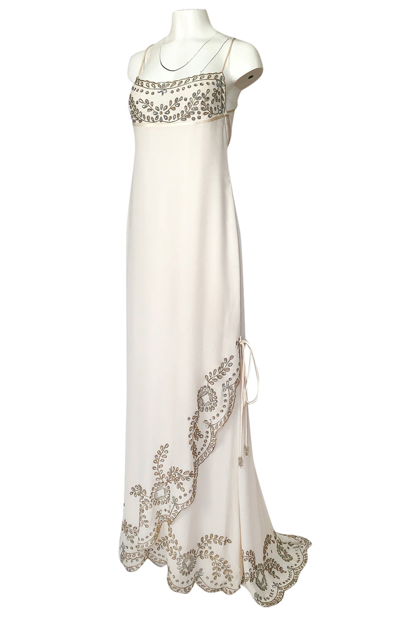 1990s Valentino Trained Backless Ivory Silk Dress w Sequin & Bead Detail