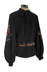 Extraordinary 1940s Hand Embroidered & Beaded Black Moss Crepe Balloon Sleeve Top