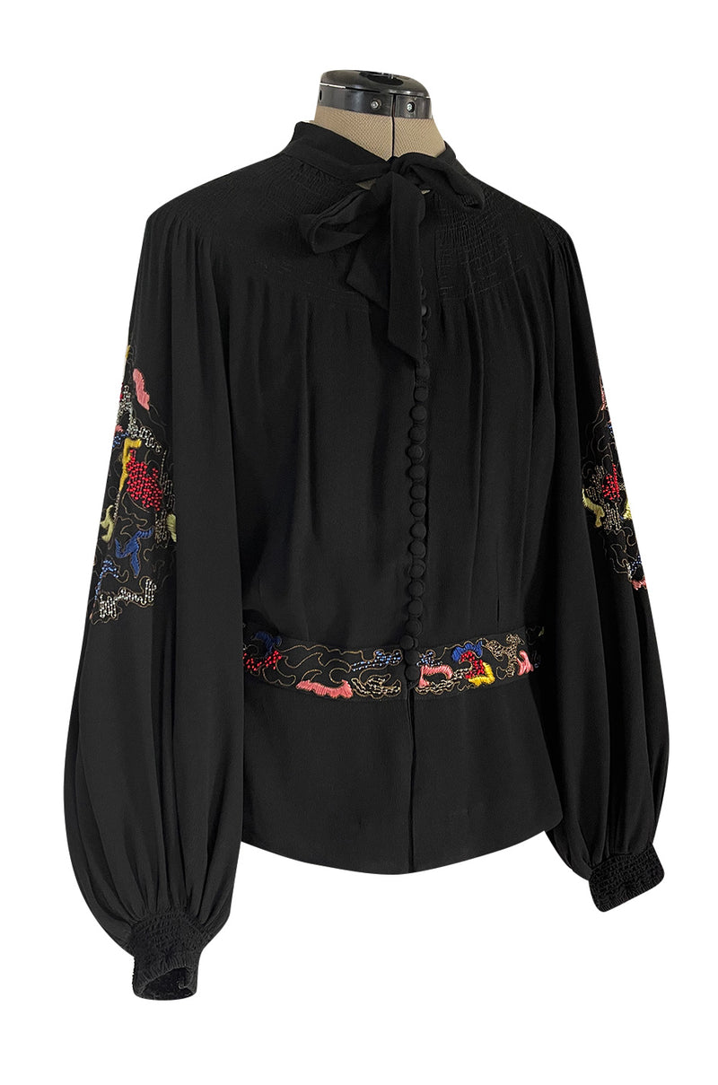 Extraordinary 1940s Hand Embroidered & Beaded Black Moss Crepe Balloon Sleeve Top