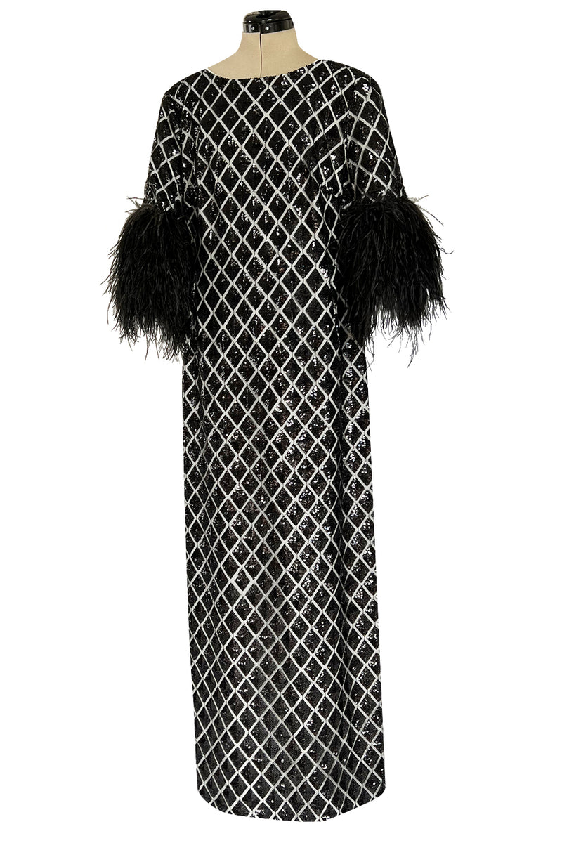 Gorgeous Fall 2019 Huishan Zhang Runway Black & Silver Sequin Dress w Feather Sleeves