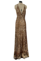 Fall 2002 Valentino Plunged Silk Net Chiffon Dress Completely Covered in Copper Sequins