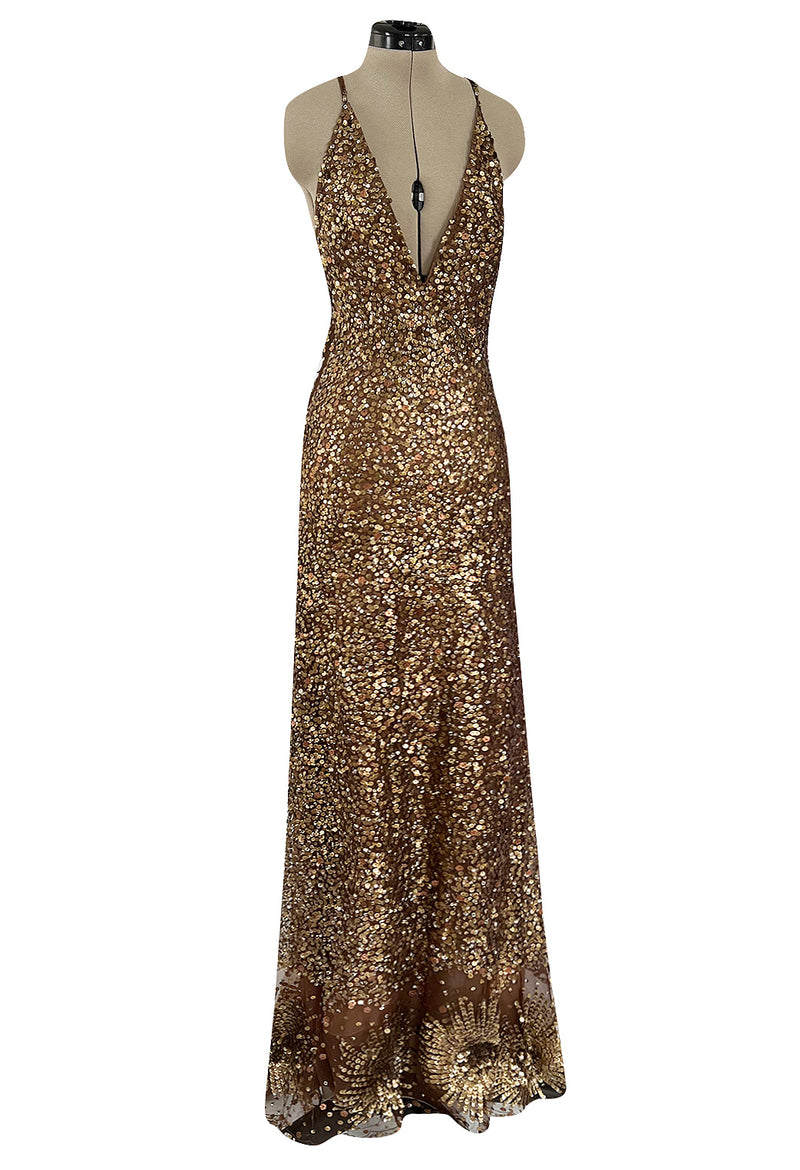 Fall 2002 Valentino Plunged Silk Net Chiffon Dress Completely Covered in Copper Sequins