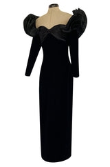Dramatic 1980s Nina Ricci Black 'Garda' Velvet Dress w Pleated Silk Taffeta Ruffled Shoulders