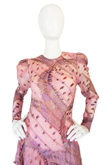 1980s Spiral Bias Cut Pink Silk Metallic Judy Hornby Dress