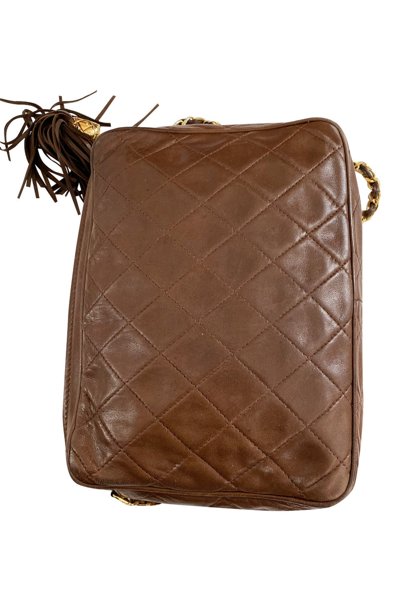 c. 1990 Chanel Quilted Camera Bag w Fringe Tassel & Front Flap Pocket