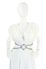 1970s Frank Usher Grecian Draped Beaded Jersey Dress