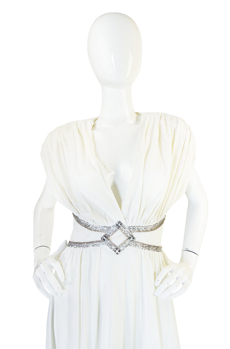 1970s Frank Usher Grecian Draped Beaded Jersey Dress