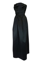 Chic 1970s Pauline Trigere Black Silk Satin Strapless Dress