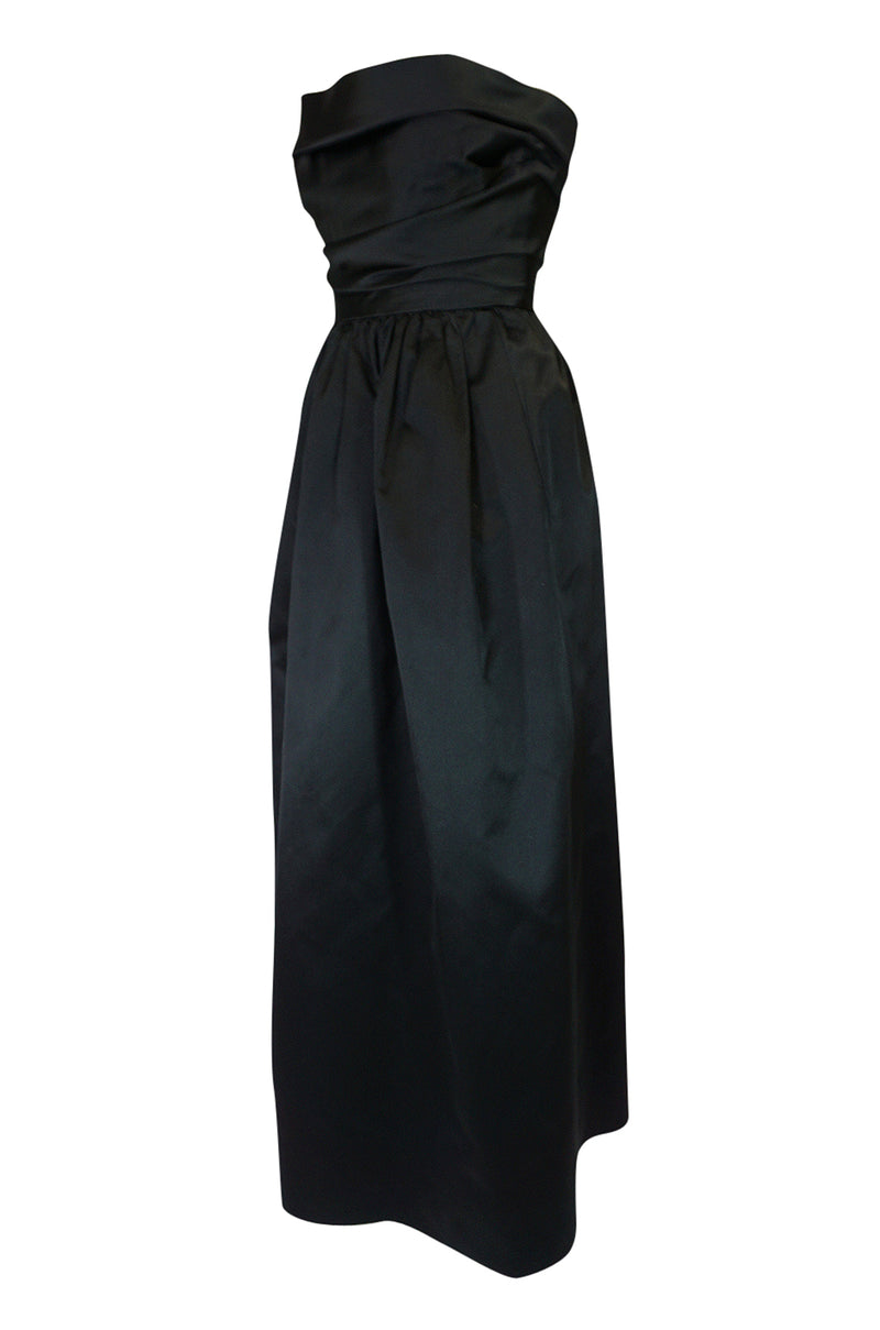 Chic 1970s Pauline Trigere Black Silk Satin Strapless Dress