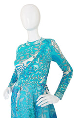 1970s Turquoise Blue Silk Bessi Maxi Dress